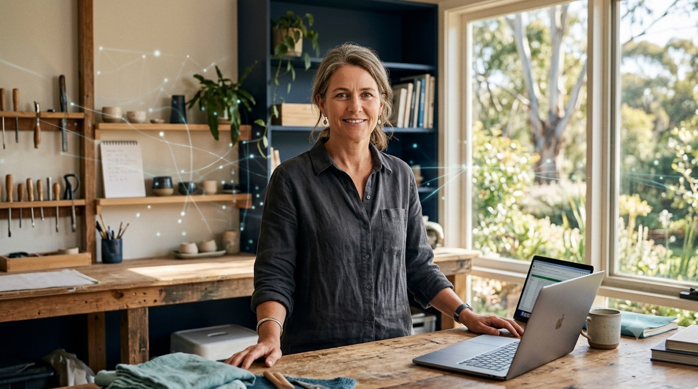 A regional Australian small-business owner at her laptop, calm and clear-eyed