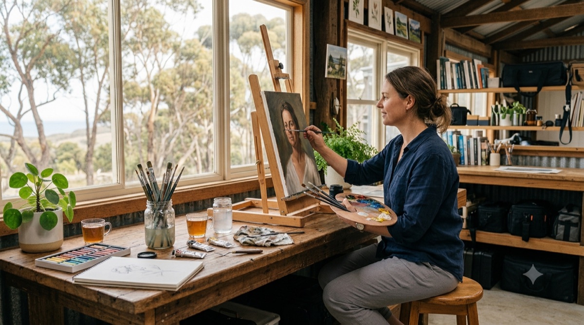 A regional Australian artist painting in a light-filled studio, the kind of creator the new copyright rules protect