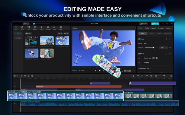A video editor showing a timeline of clips and effects