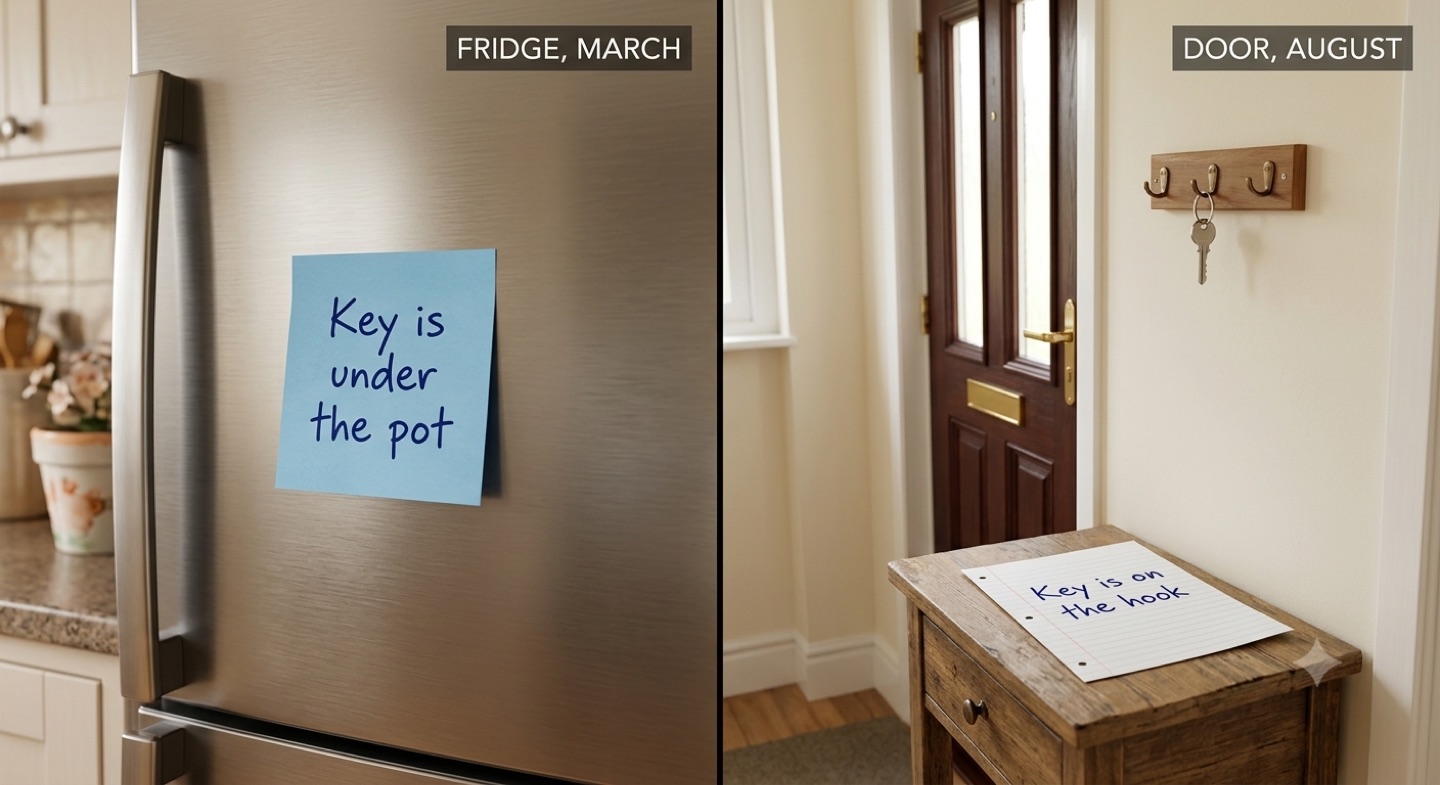 Two handwritten notes in a house. On the fridge, dated March, the key is under the pot. By the front door, dated August, the key is on the hook, and the keys are hanging there.