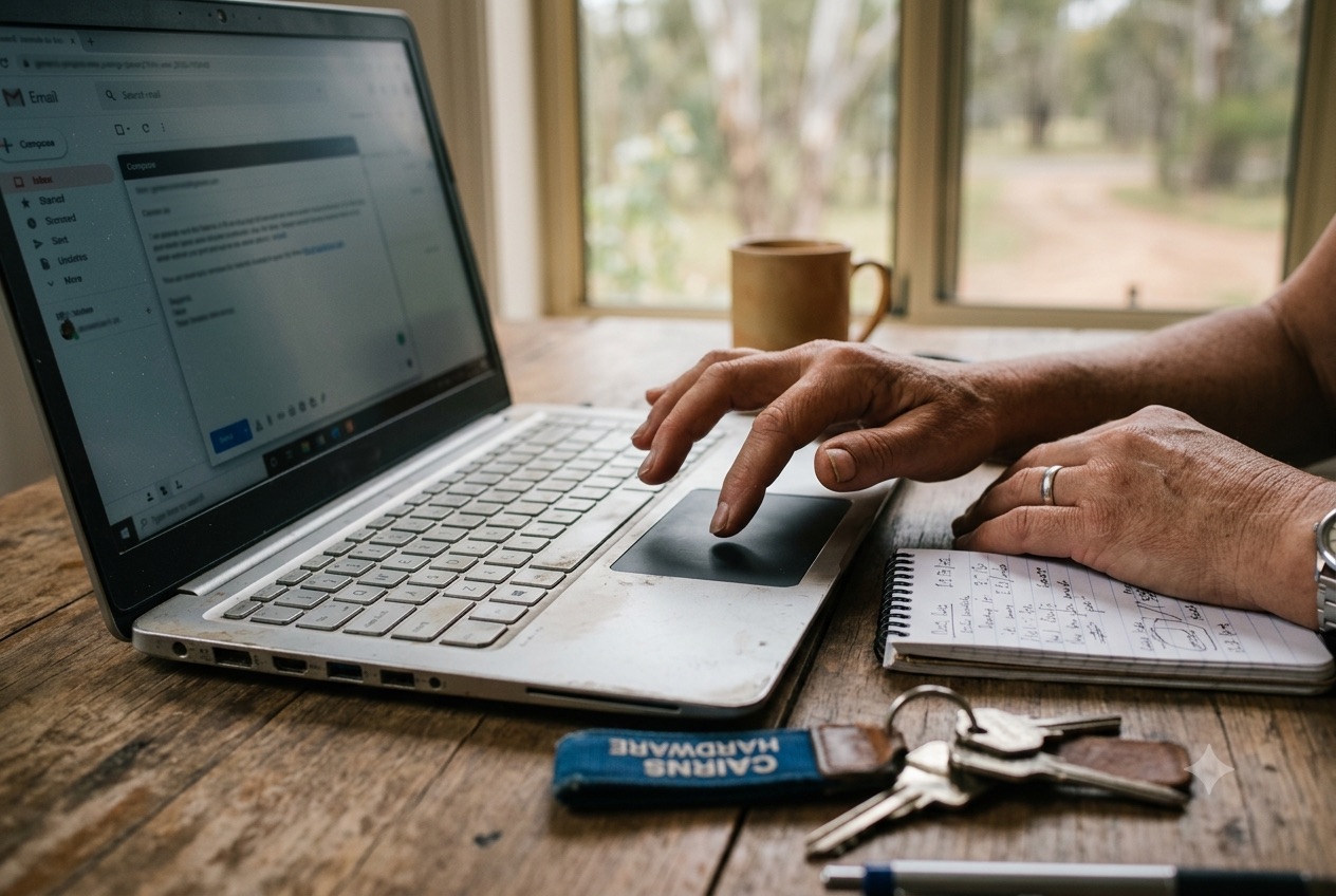 A pair of hands paused at a laptop, one finger above the trackpad, checking the screen before clicking, keys and a notebook beside it
