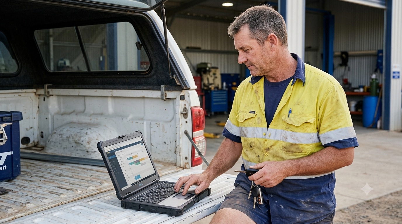 An Australian tradie at the ute tailgate using a laptop with his keys in hand, staying in control