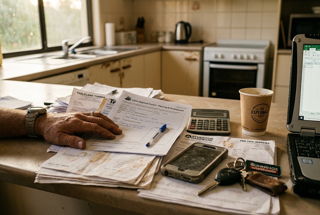 A regional tradie's admin pile on the kitchen bench: invoices, a council planning form, a calculator, phone, ute keys and a coffee