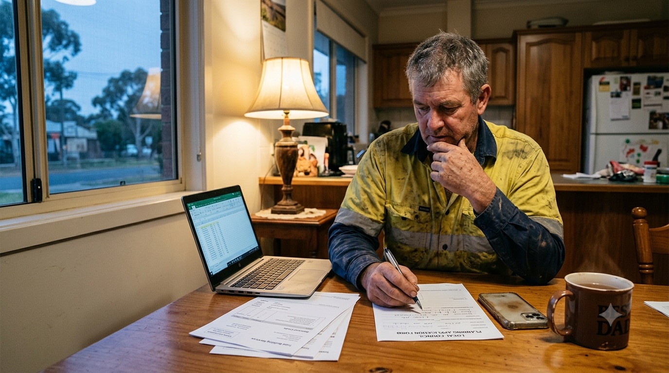 An Australian tradie at the kitchen table in the evening doing the paperwork, a laptop and council form in front of him