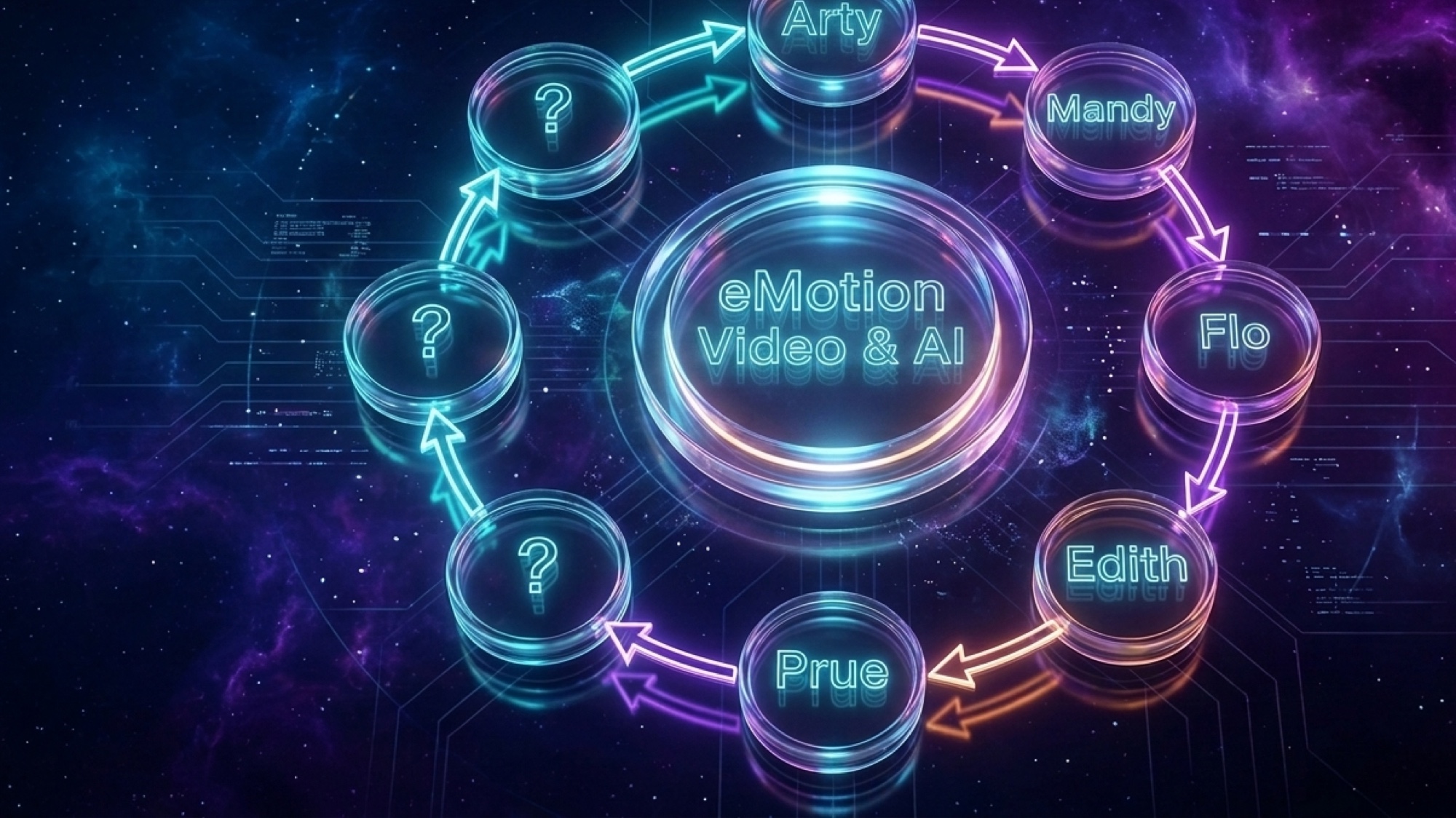eMotion Video AI operating system: the five named agents, Arty, Mandy, Flo, Edith and Prue, arranged in a ring around the business with room for more
