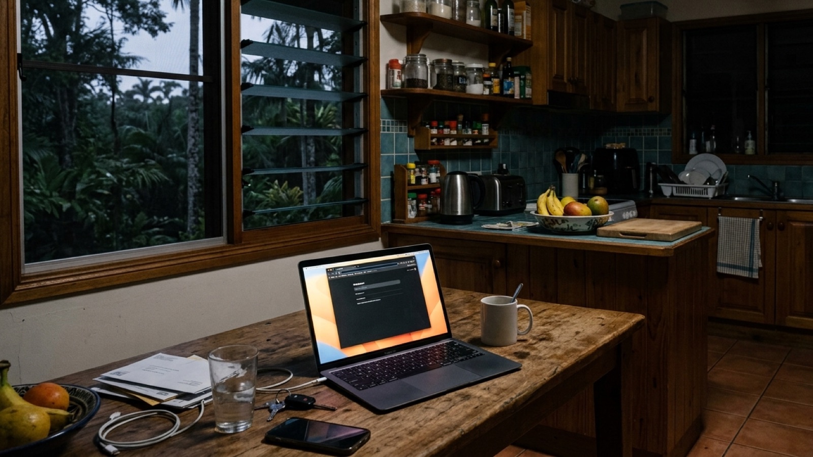 A regional Queensland kitchen before dawn, one laptop open on the table, nobody in the room
