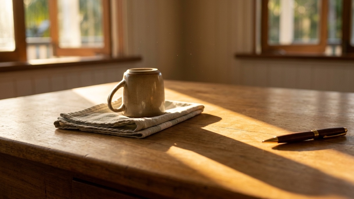 A home office desk in late afternoon, the work put away, one long shaft of sun across bare timber