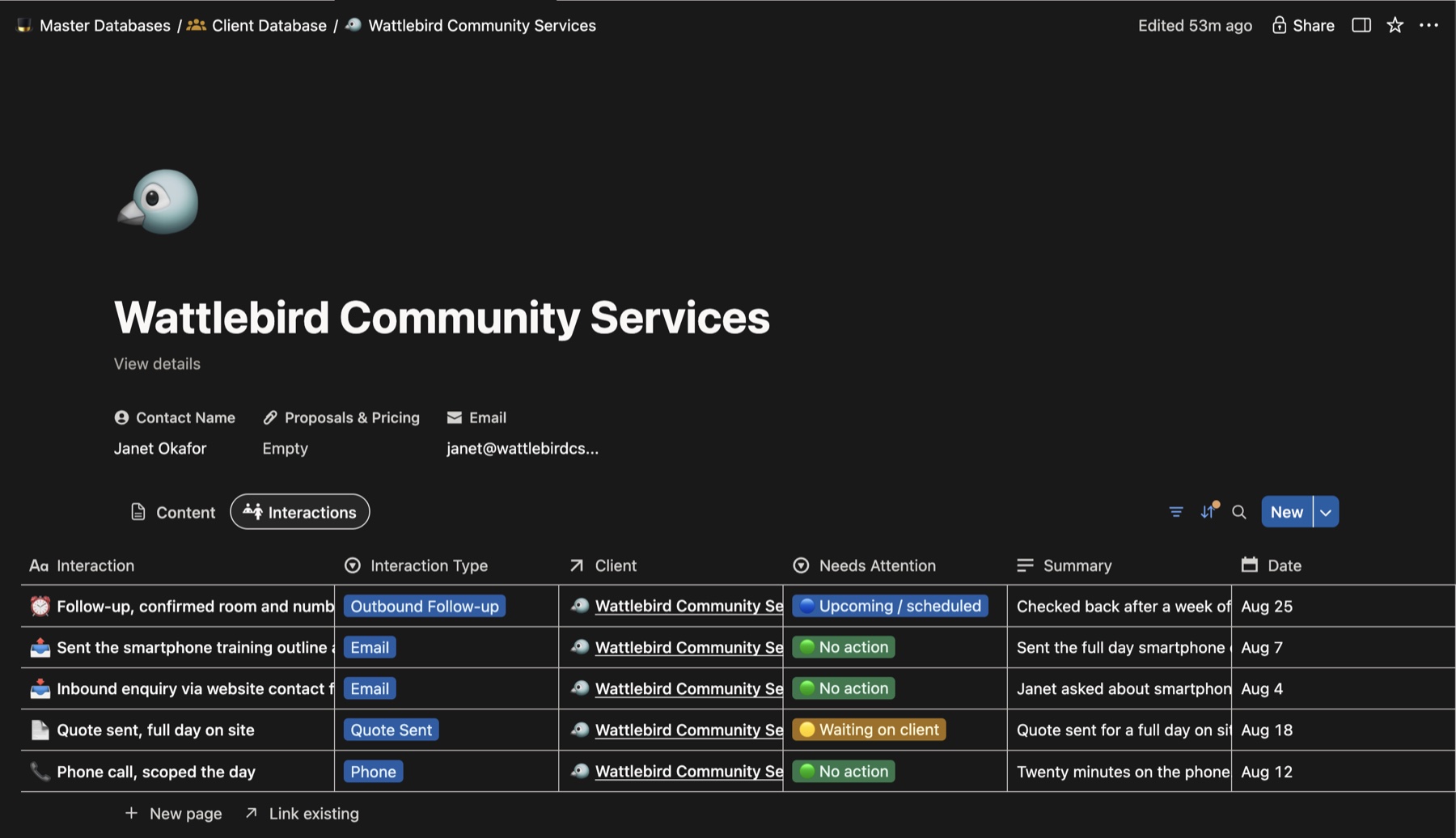 One client record in Notion, showing the linked interactions underneath it