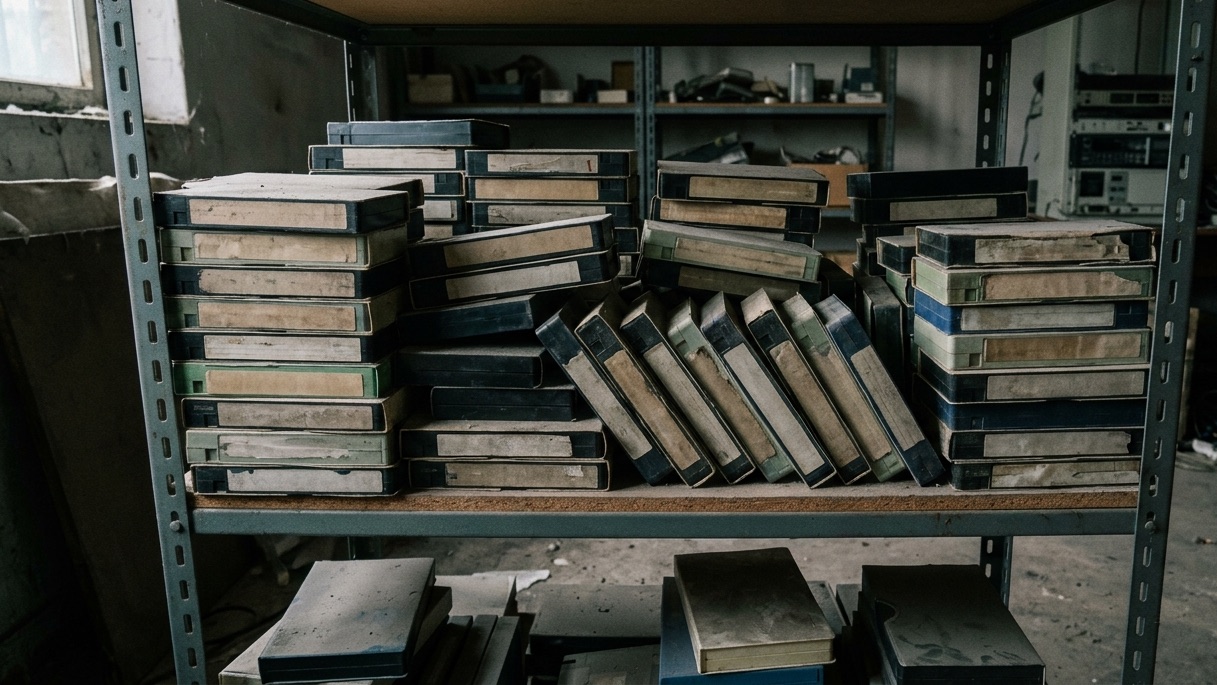 A shelf of old broadcast videotapes, stacked and dusty, labels faded to nothing