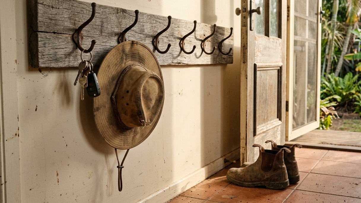 A row of hooks by a back door, only the first one used, holding a worn work hat and keys