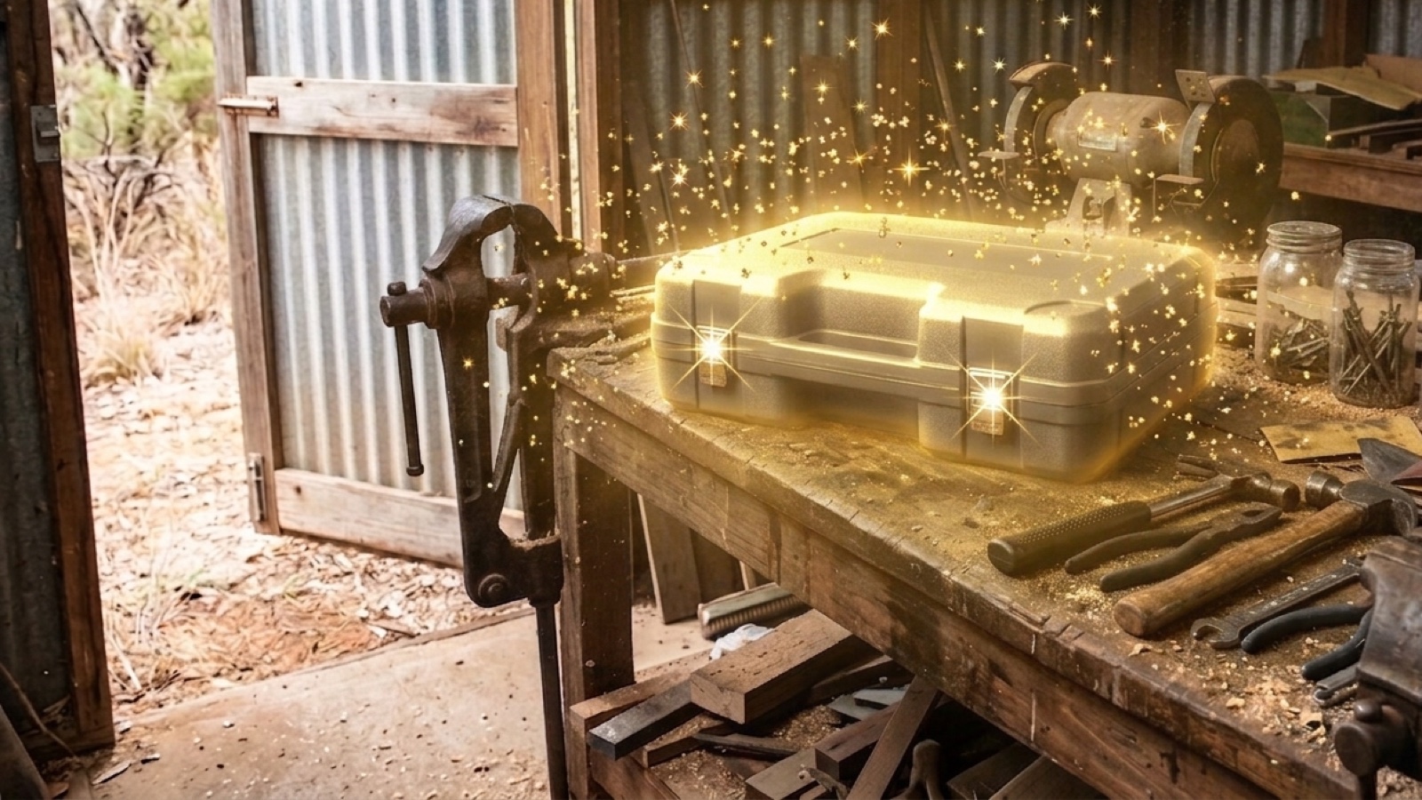 A brand new power tool still latched in its case on an old workbench in an Australian shed