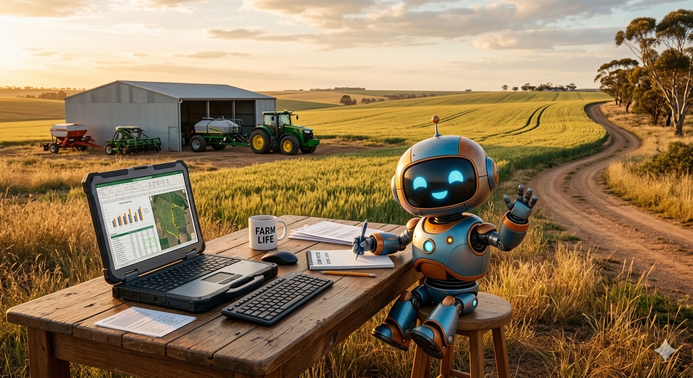 A robot standing in an Australian farm paddock, AI meeting real small business
