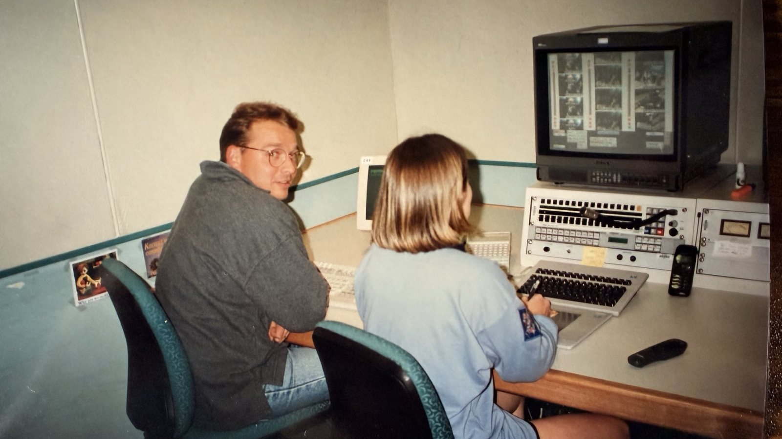 Suzie editing at Sky News Australia in 1996 with a news journalist
