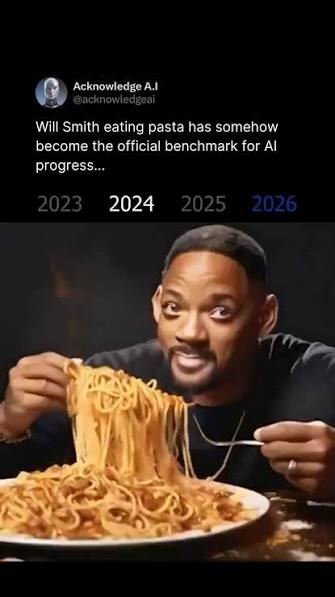 A nod to the Will Smith eating spaghetti AI video, the running benchmark for AI video quality